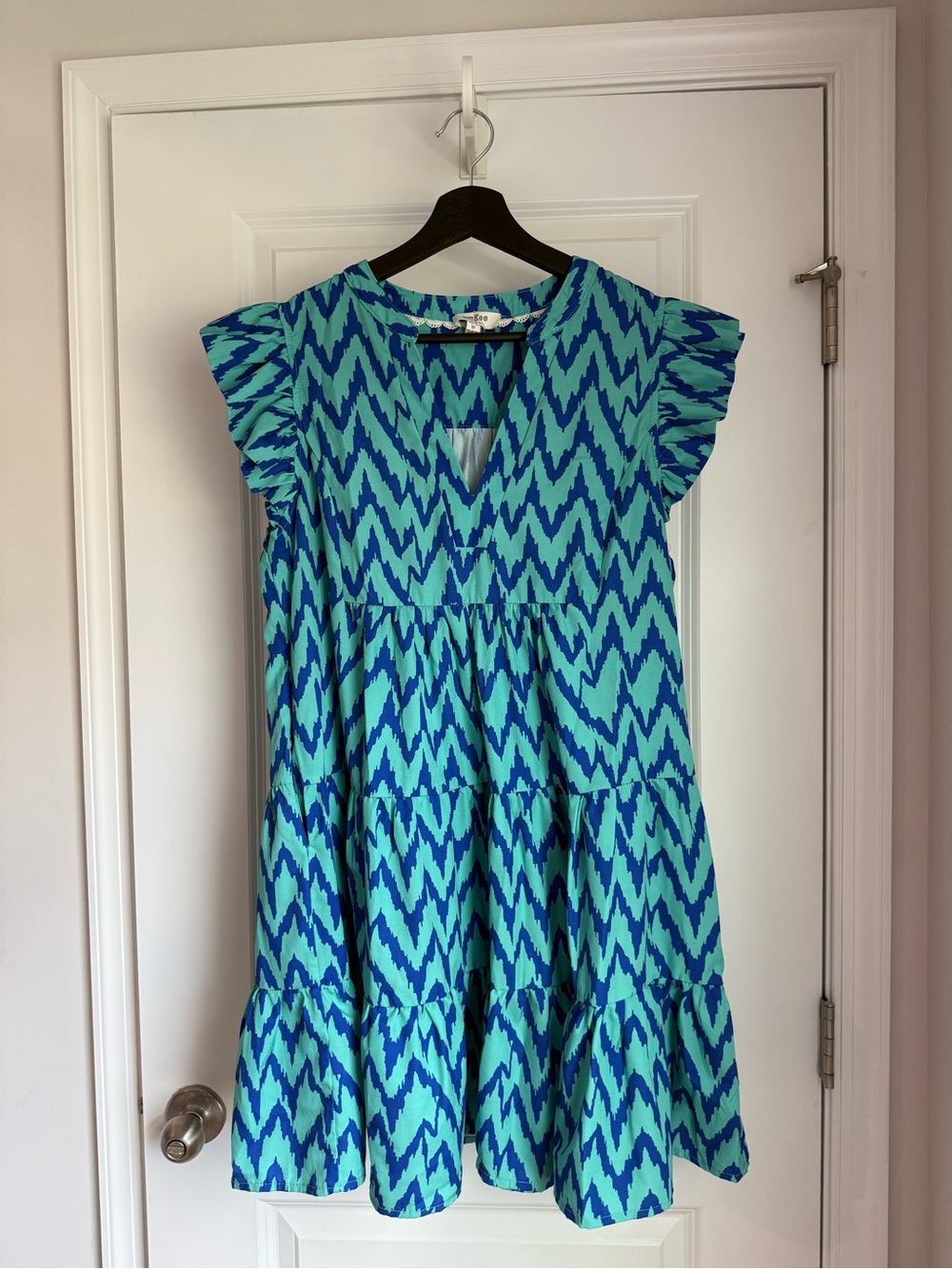 Umgee Teal and Blue Zigzag Tiered Mini Dress